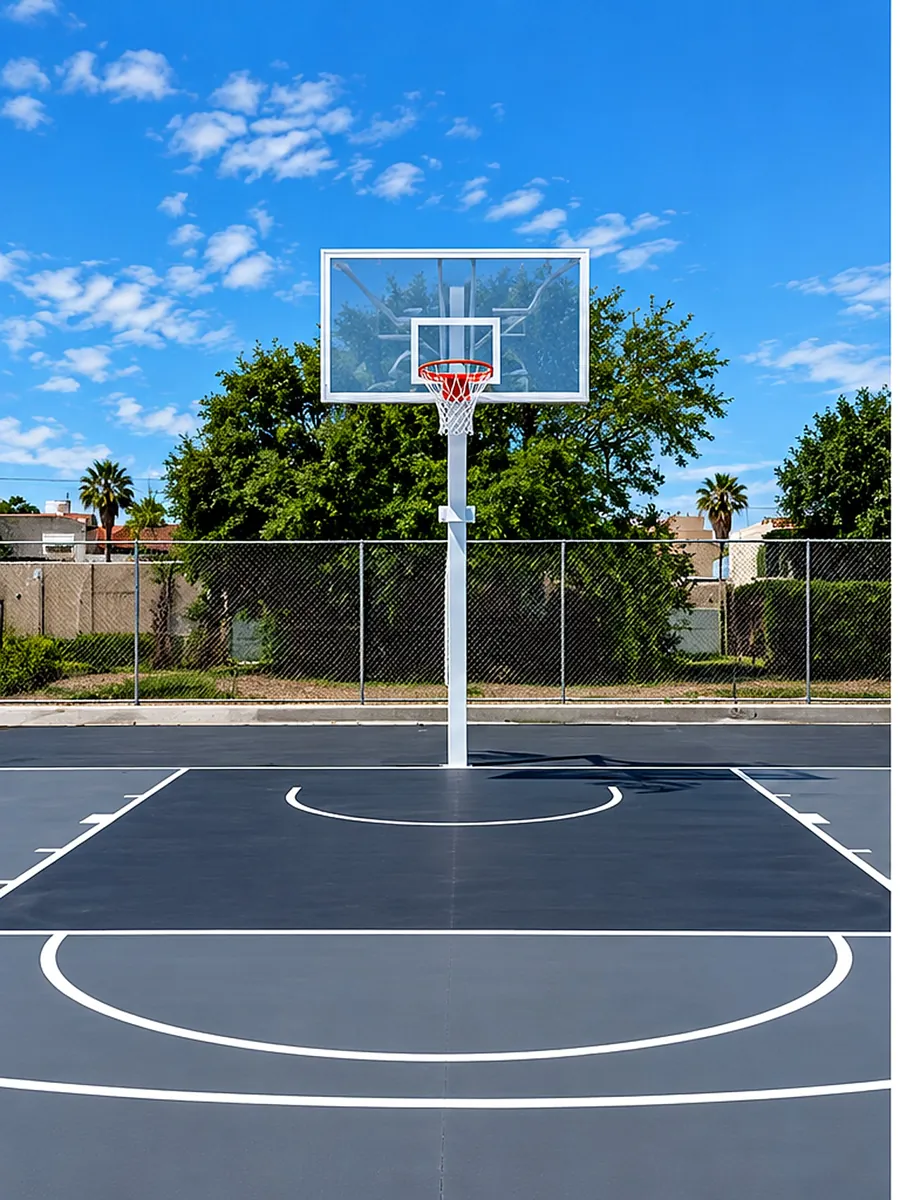 Canasta de basquetbol con poste cuello de ganso y tablero de acrílico en cancha exterior