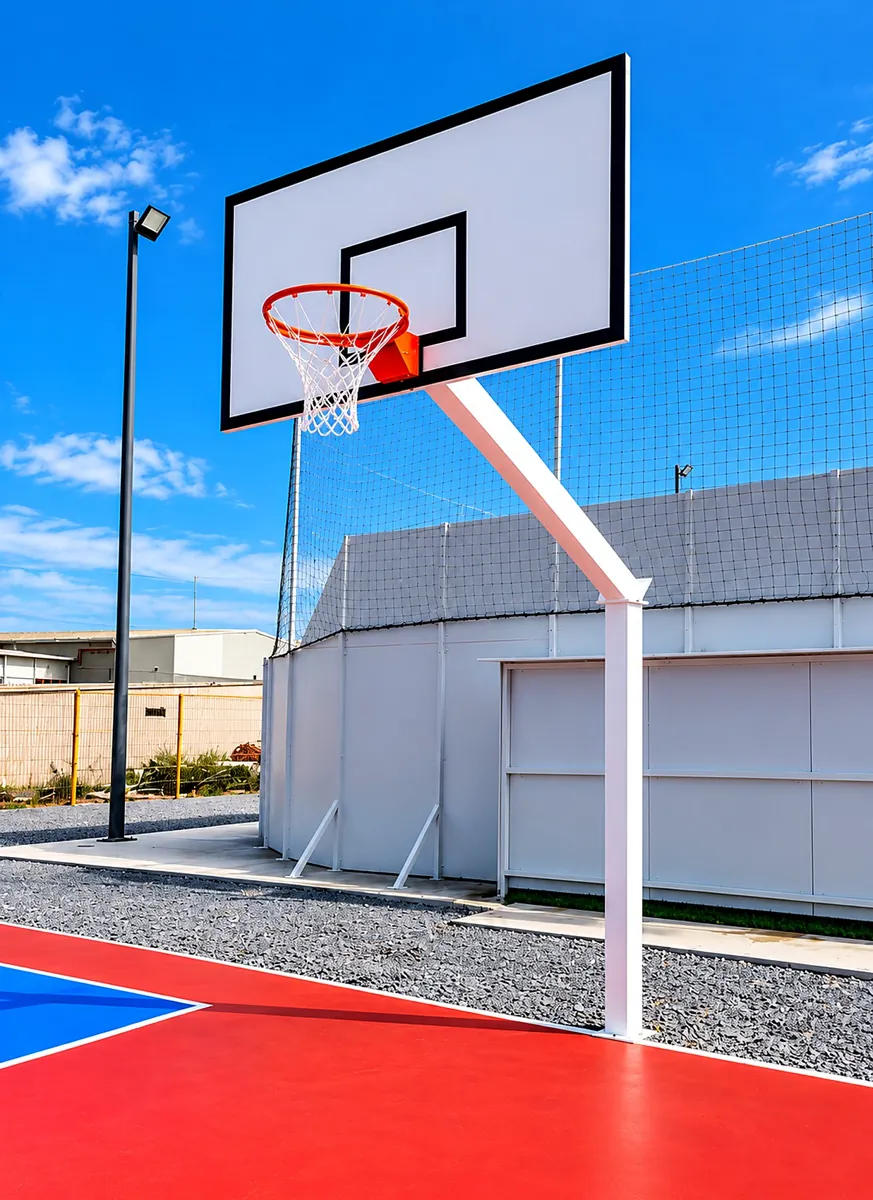 Canasta de basquetbol con poste cuello de ganso y tablero de lámina en cancha de concreto