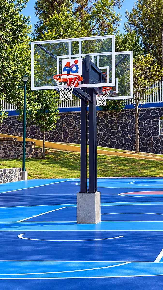 Tablero de basquetbol con logotipo personalizado en cancha azul