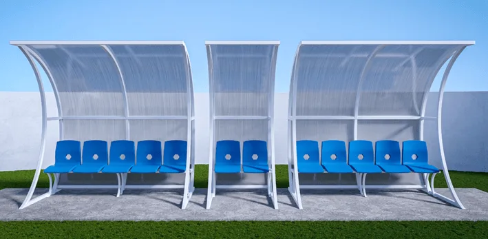 Set de bancas para jugadores con techo de policarbonato y asientos azules para cancha de fútbol
