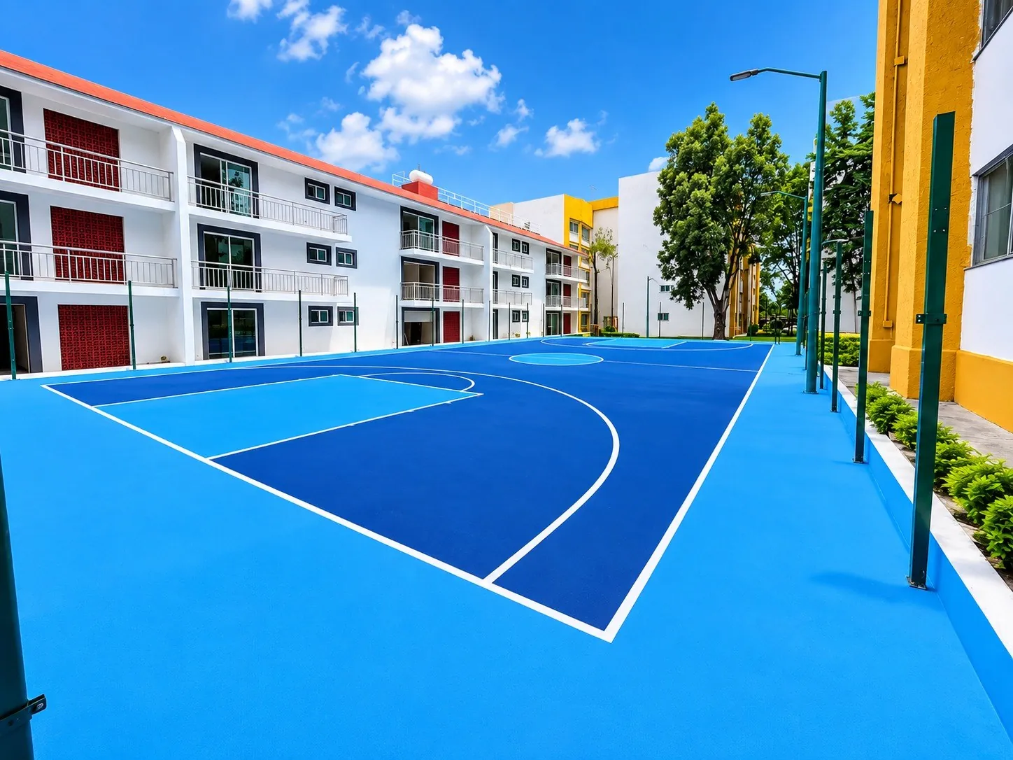 Multicancha renovada en el Conjunto Habitacional Militar Lomas de Sotelo, Miguel Hidalgo, CDMX, con pintura acrílica deportiva azul marino y azul claro y líneas blancas de basquetbol