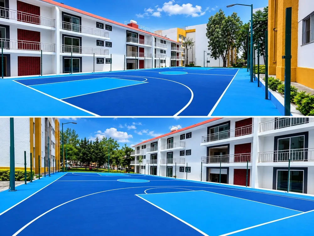 Dos vistas de una cancha de basquetbol recién pintada con sistema acrílico en dos tonos de azul en Lomas de Sotelo, Ciudad de México