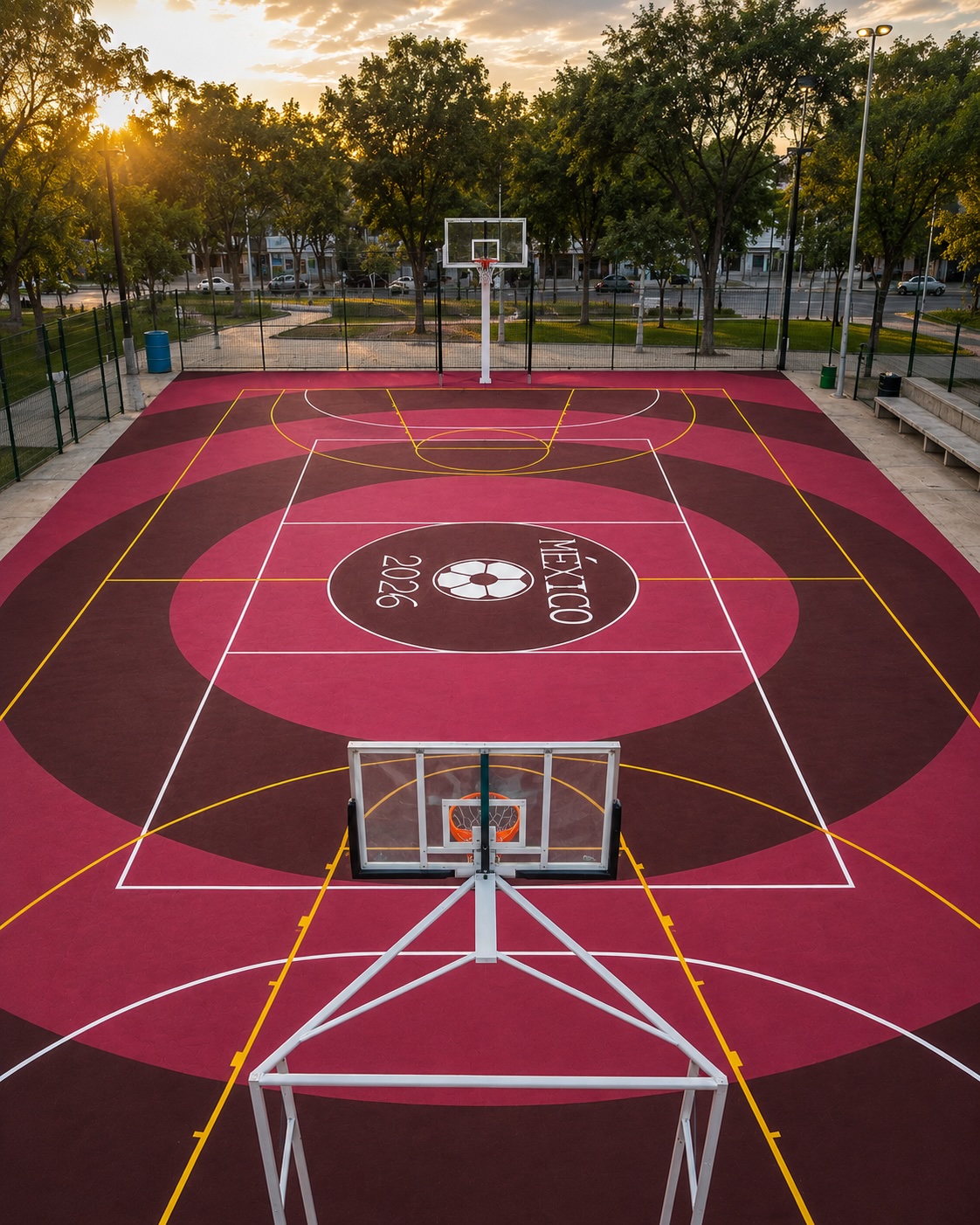 Cancha multicancha basketball y fútbol pintada en vino y rojo con escudo México 2026 por PLAYKO