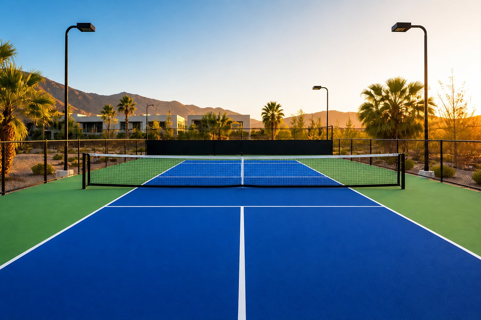 Cancha de pickleball profesional con colores vibrantes y trazos oficiales pintada en México por PLAYKO