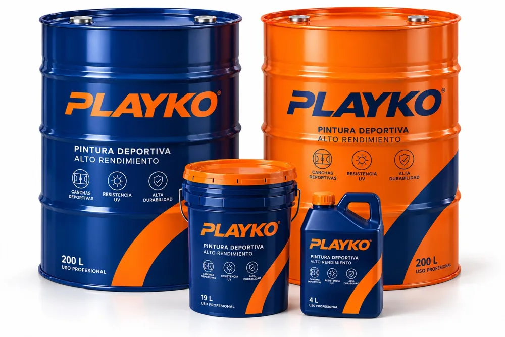 Pintura deportiva PLAYKO en galón, cubeta de 19 litros y tambo de 200 litros